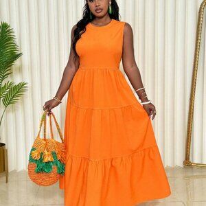 Slaydiva Plus Size 14 1XL Orange Layered Hem A-Line Dress Midi Sleeveless Tank